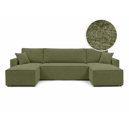 Canapé panoramique FARAH – Tissu bouclette texturé – Convertible 6 places avec coffre intégré