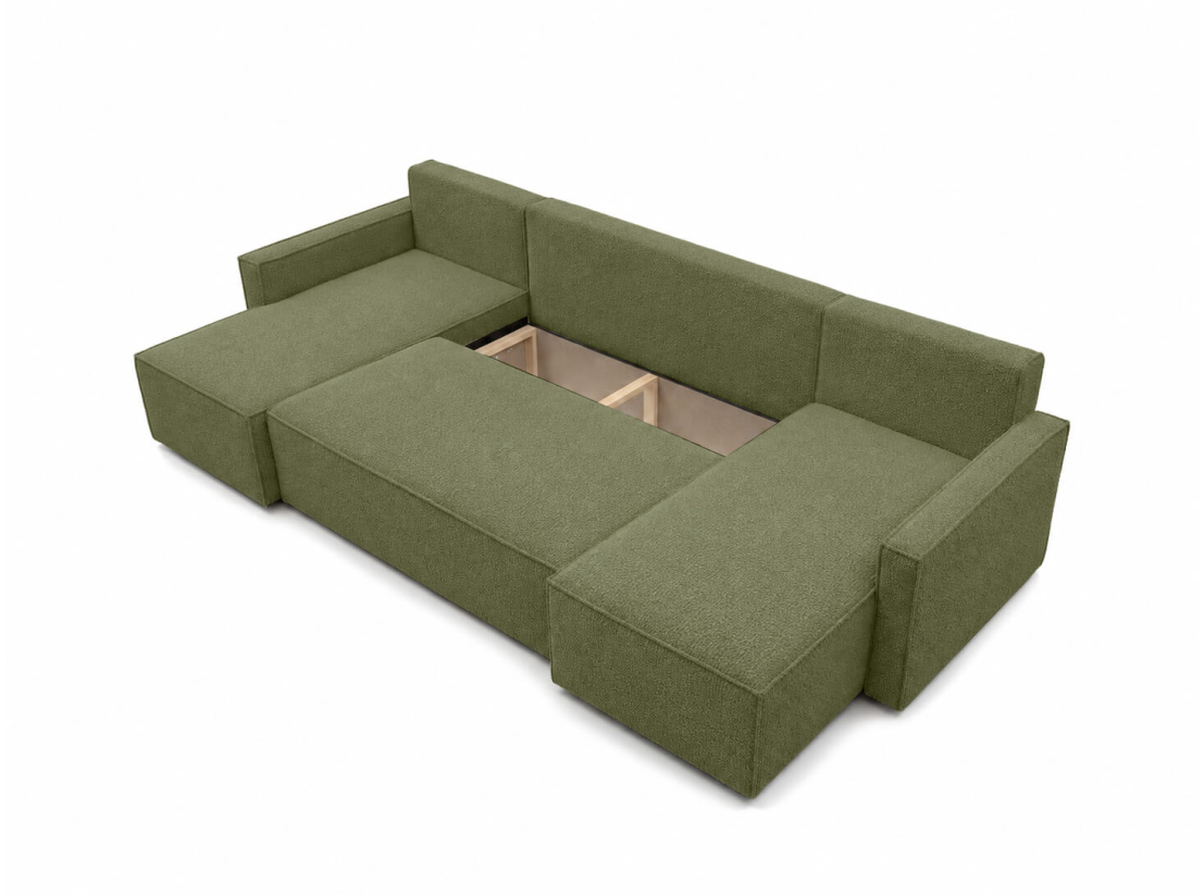 Canapé panoramique FARAH – Tissu bouclette texturé – Convertible 6 places avec coffre intégré