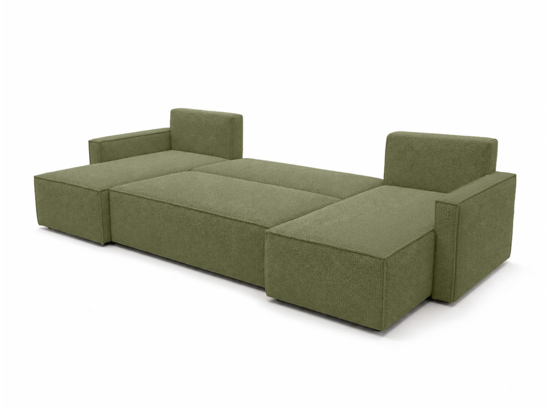 Canapé panoramique FARAH – Tissu bouclette texturé – Convertible 6 places avec coffre intégré