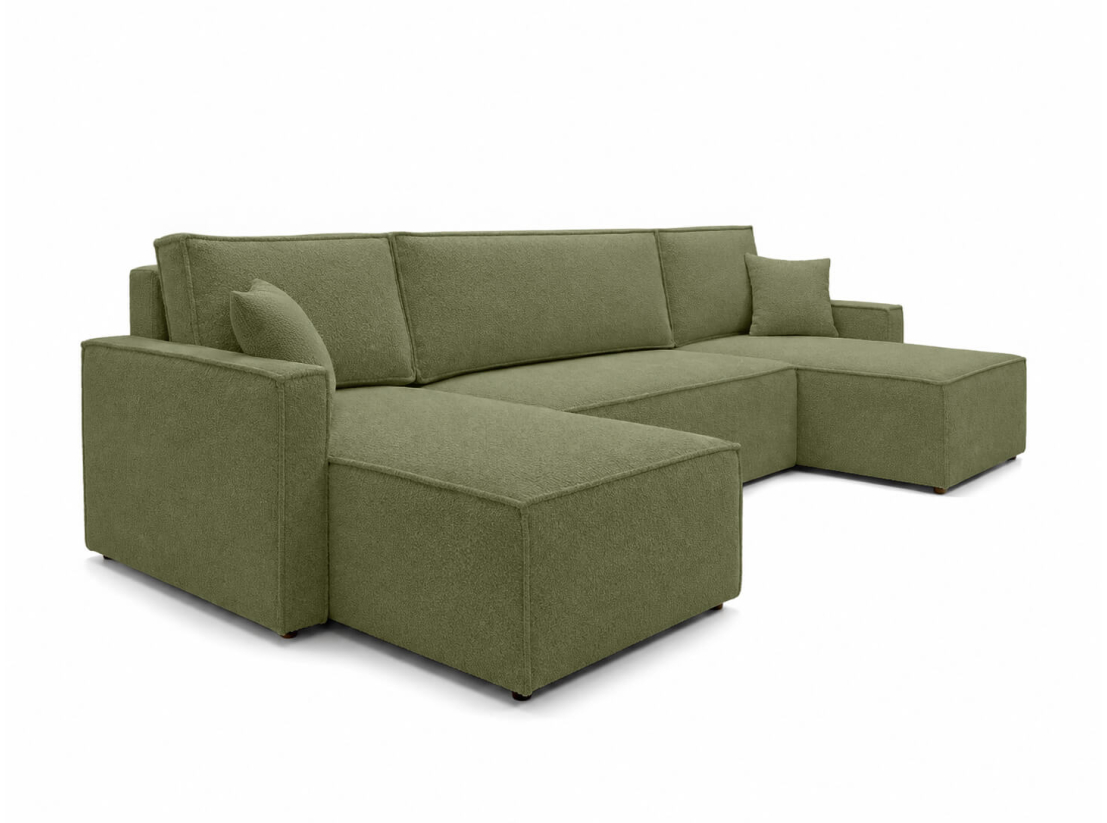 Canapé panoramique FARAH – Tissu bouclette texturé – Convertible 6 places avec coffre intégré