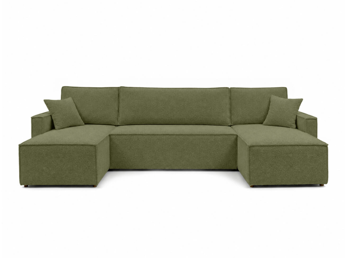 Canapé panoramique FARAH – Tissu bouclette texturé – Convertible 6 places avec coffre intégré
