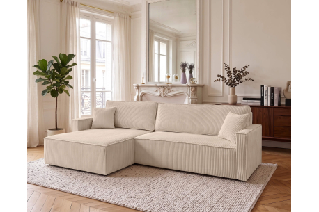 Canapé d’angle FARAH-XL – Velours côtelé – Réversible, convertible et coffre de rangement