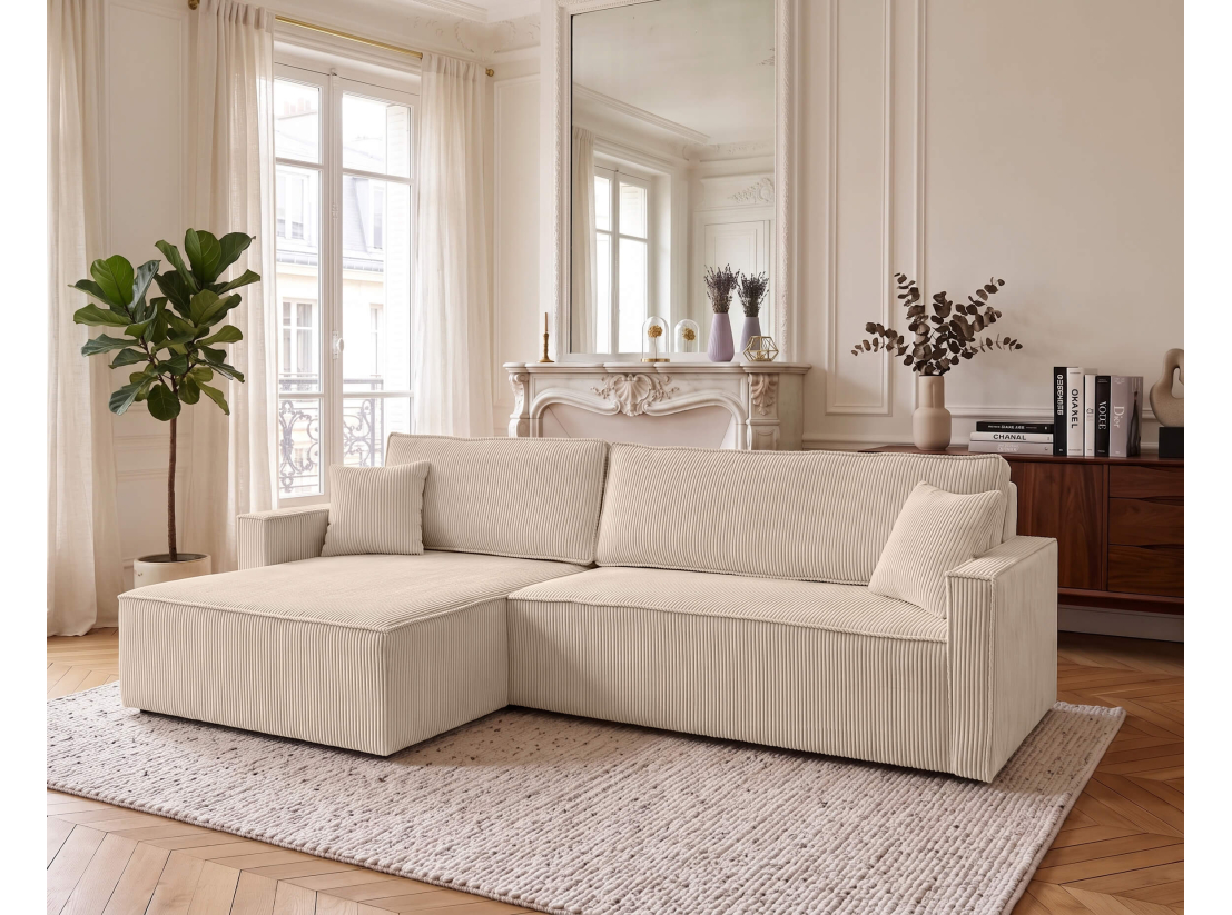 Canapé d’angle FARAH-XL – Velours côtelé – Réversible, convertible et coffre de rangement