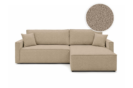 Canapé d’angle FARAH-XL – Tissu bouclette – Convertible, réversible et coffre intégré