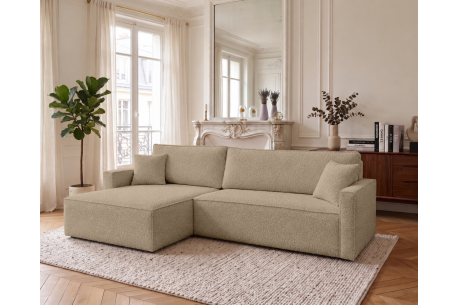Canapé d’angle FARAH-XL – Tissu bouclette – Convertible, réversible et coffre intégré