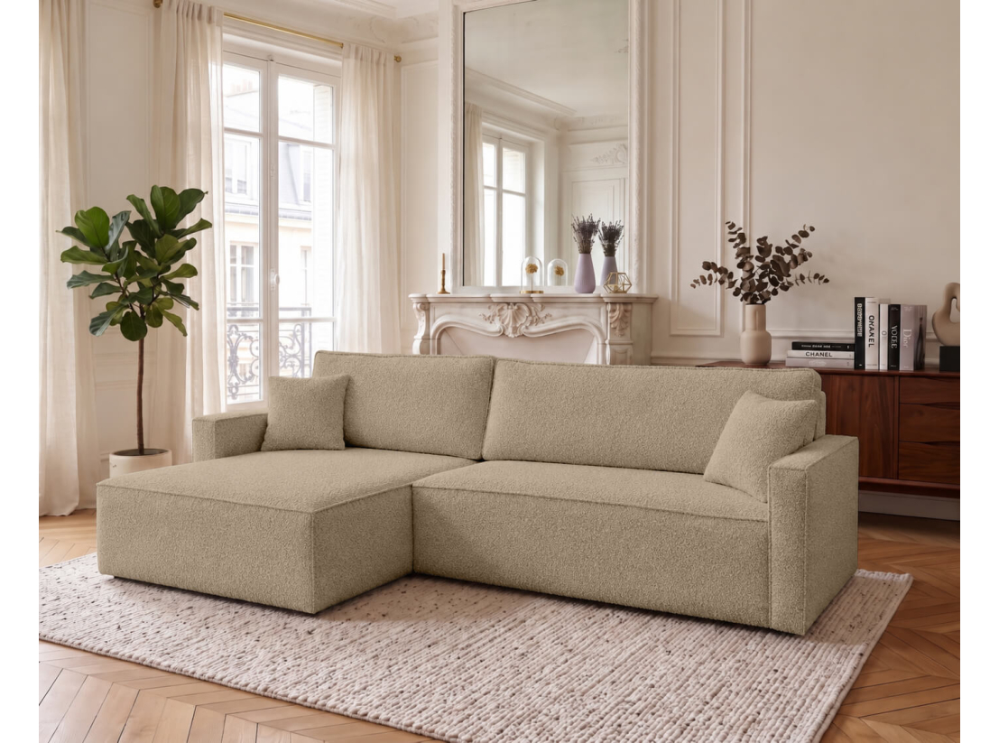 Canapé d’angle FARAH-XL – Tissu bouclette – Convertible, réversible et coffre intégré
