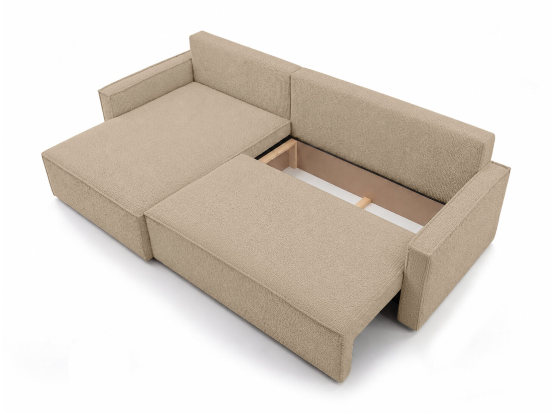 Canapé d’angle FARAH-XL – Tissu bouclette – Convertible, réversible et coffre intégré