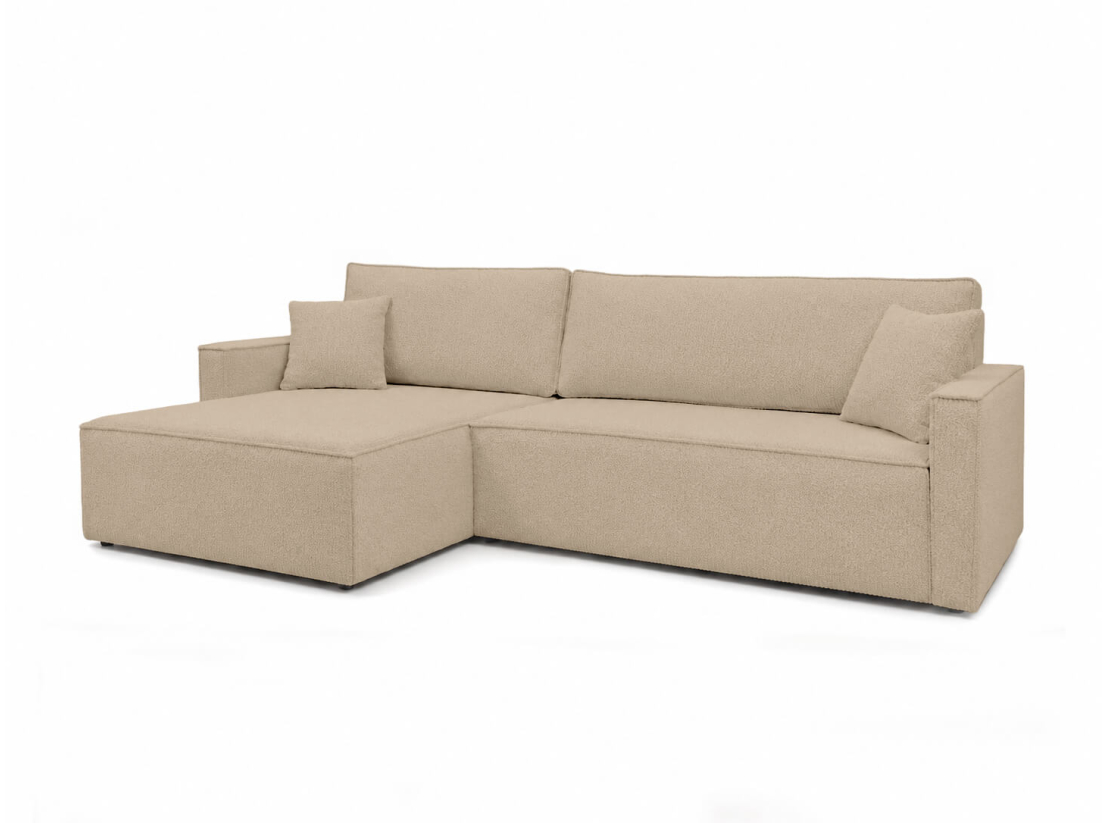 Canapé d’angle FARAH-XL – Tissu bouclette – Convertible, réversible et coffre intégré