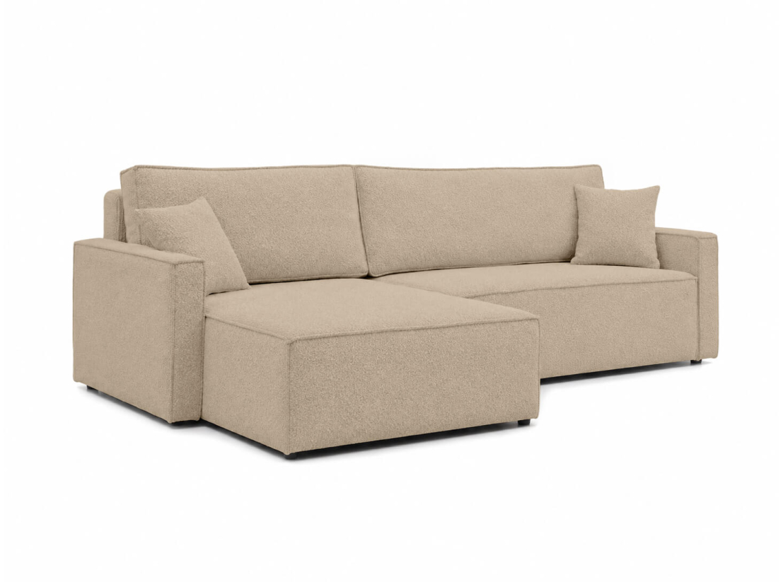 Canapé d’angle FARAH-XL – Tissu bouclette – Convertible, réversible et coffre intégré