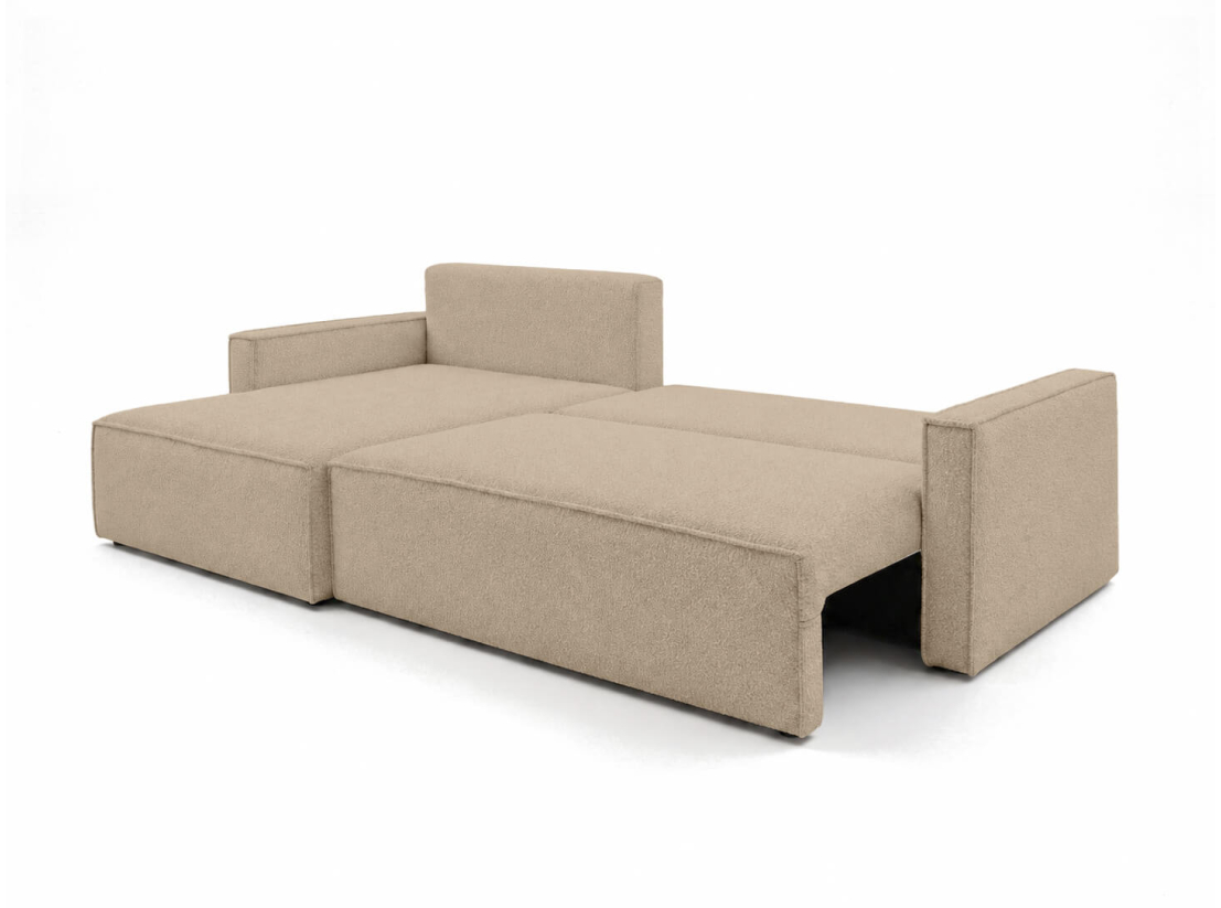 Canapé d’angle FARAH-XL – Tissu bouclette – Convertible, réversible et coffre intégré
