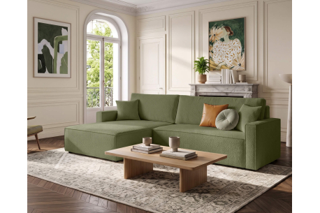 Canapé d’angle FARAH-XL – Tissu bouclette texturé – Convertible réversible avec coffre