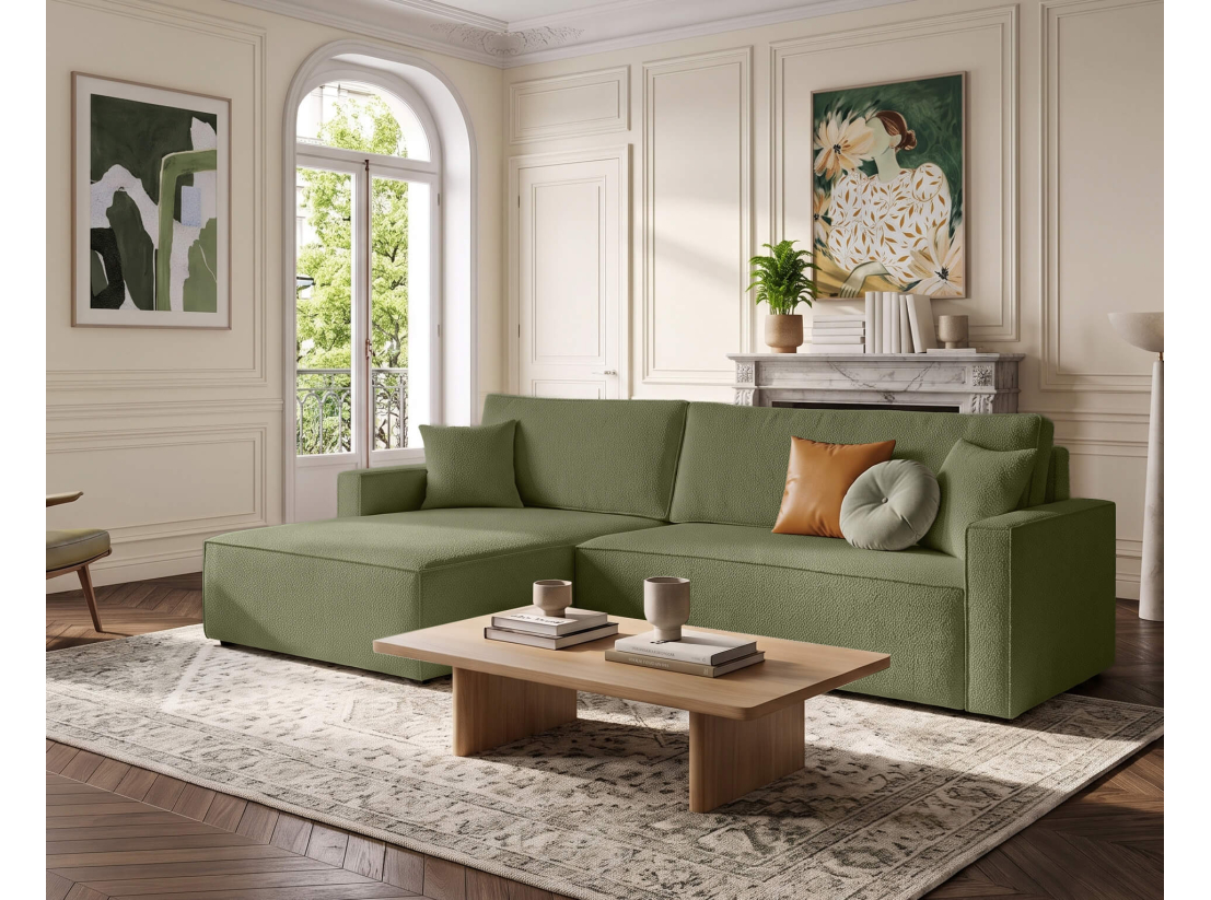 Canapé d’angle FARAH-XL – Tissu bouclette texturé – Convertible réversible avec coffre