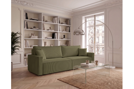 Canapé convertible FARAH – Velours côtelé – Couchage d’appoint avec coffre intégré