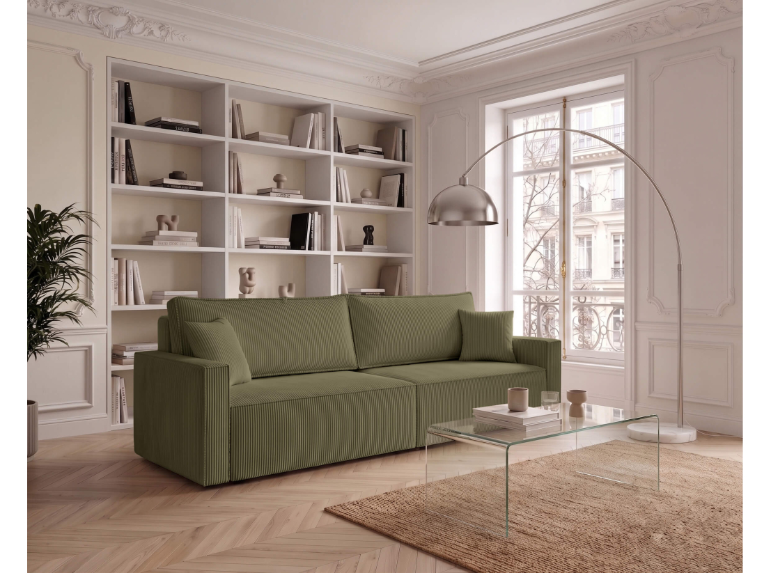 Canapé convertible FARAH – Velours côtelé – Couchage d’appoint avec coffre intégré