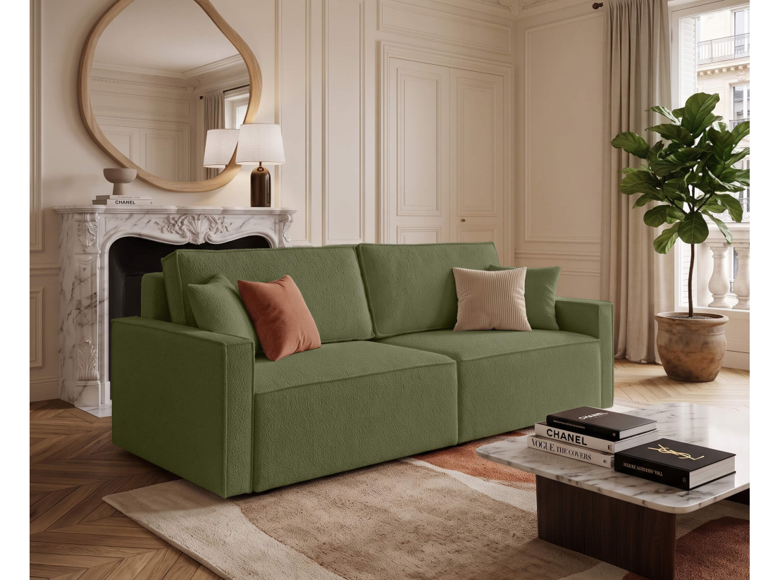 Canapé droit FARAH – Tissu bouclette texturé – Convertible avec coffre de rangement