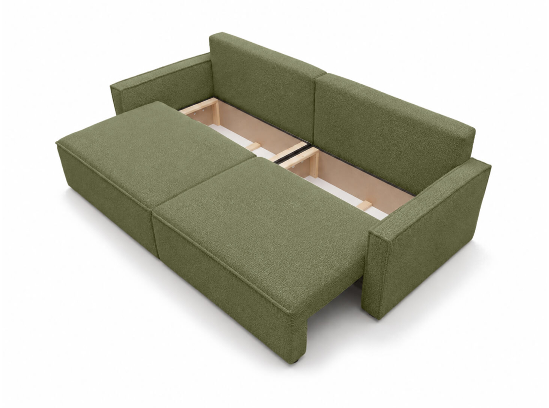 Canapé droit FARAH – Tissu bouclette texturé – Convertible avec coffre de rangement