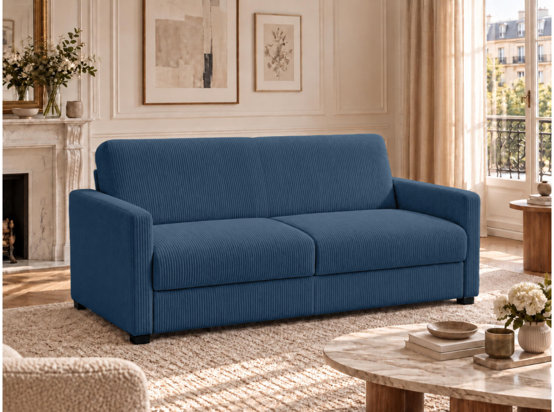 Canapé convertible AGATHE CONFORT 3 places – Velours côtelé – Couchage express 140×195
