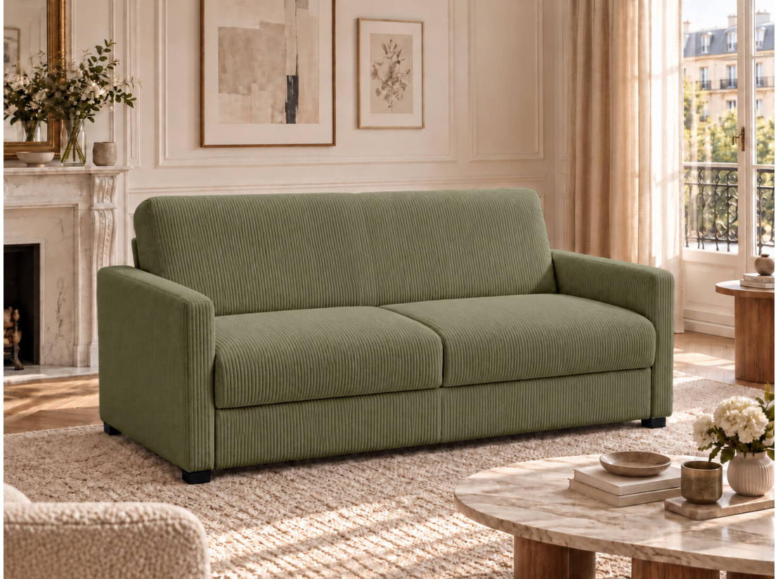 Canapé convertible AGATHE CONFORT 3 places – Velours côtelé – Couchage express 140×195