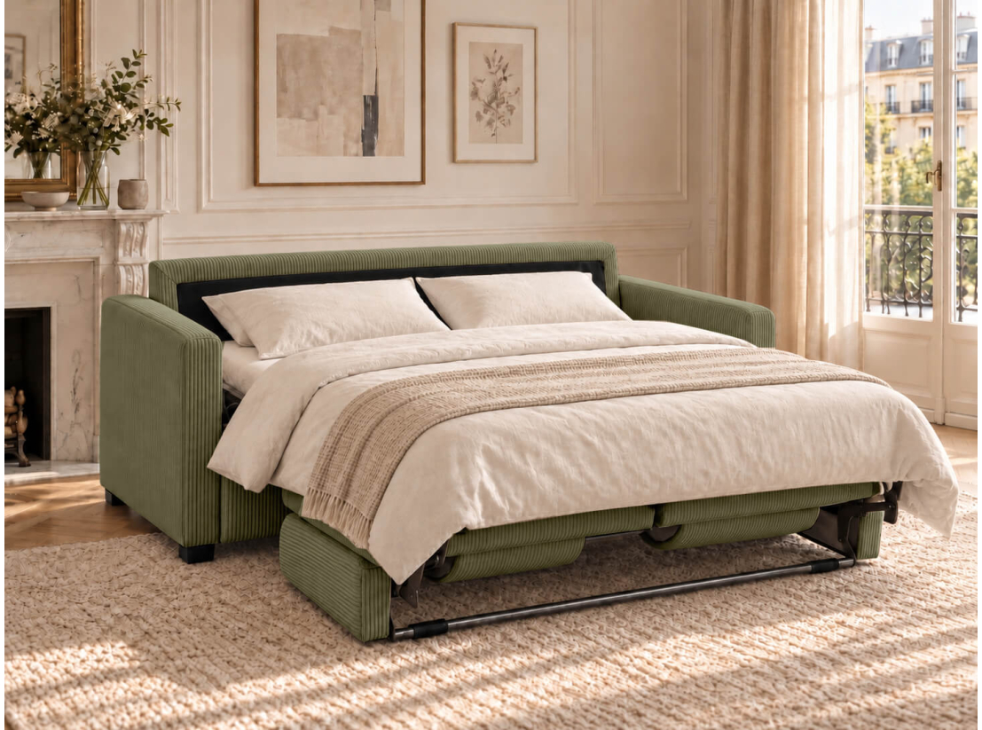 Canapé convertible AGATHE CONFORT 3 places – Velours côtelé – Couchage express 140×195