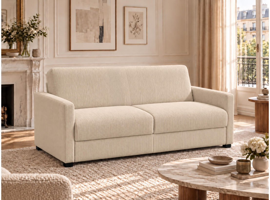 Canapé convertible AGATHE CONFORT 3 places – Velours côtelé – Couchage express 160×195