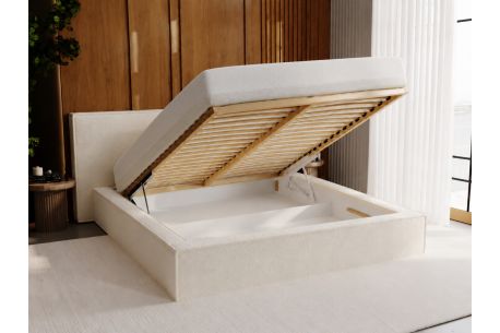 Lit avec rangement ZELIO en tissu bouclette - Dimensions du couchage : 160 x 200 cm