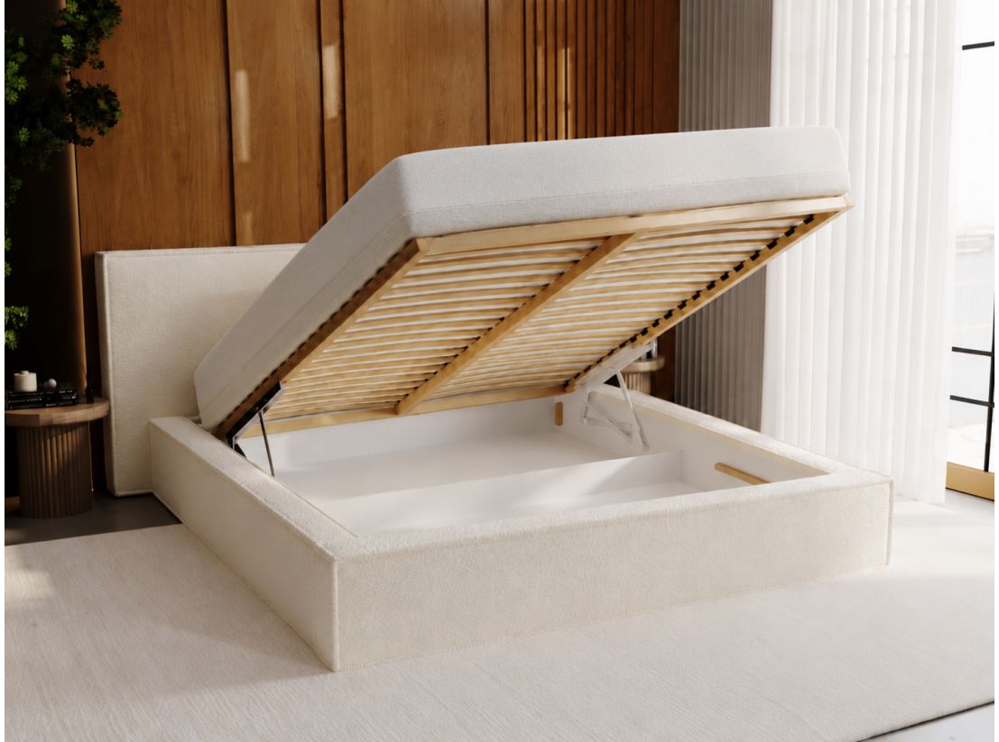 Lit avec rangement ZELIO en tissu bouclette - Dimensions du couchage : 160 x 200 cm