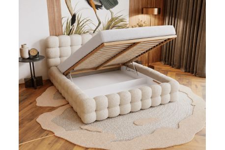 Lit coffre CARLY en tissu bouclette - Dimensions du couchage : 160 x 200 cm