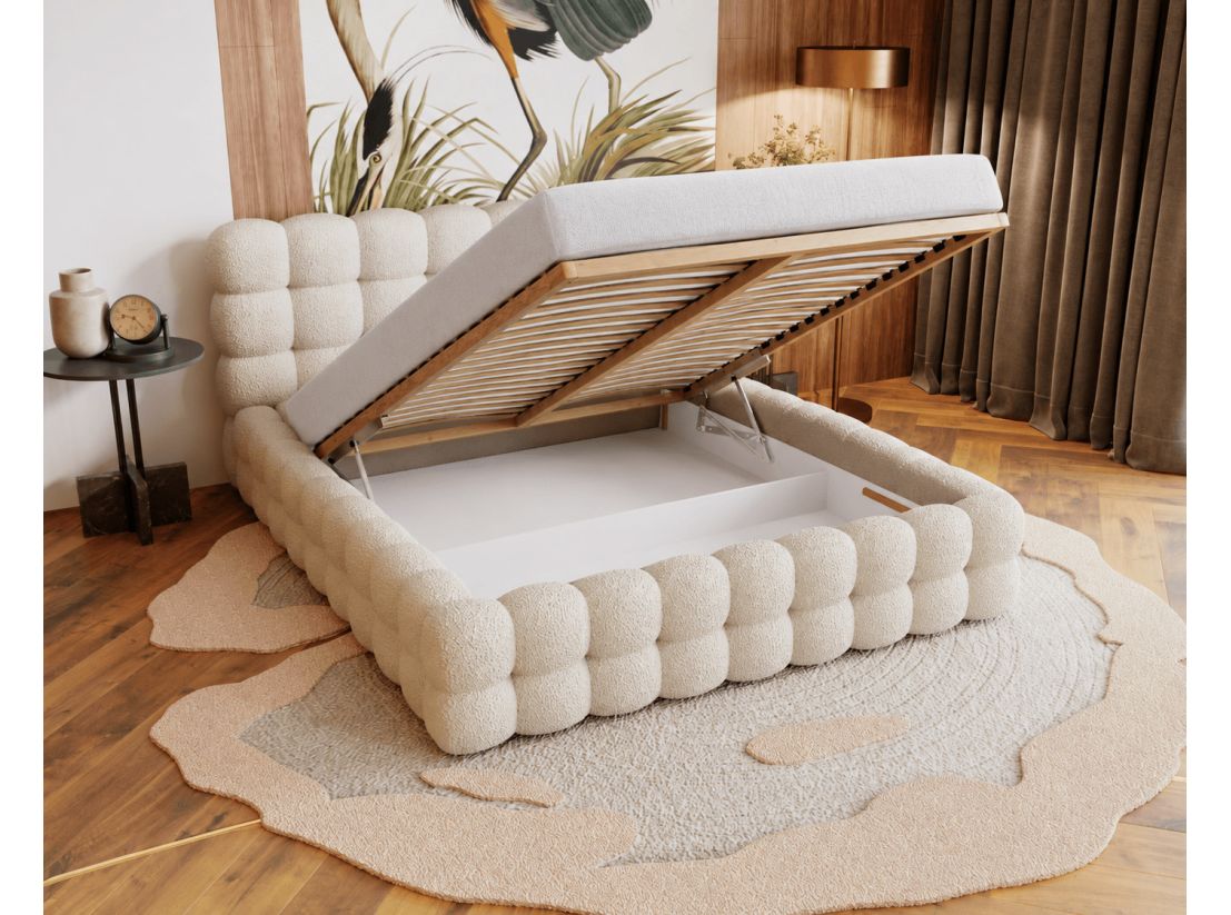 Lit coffre CARLY en tissu bouclette - Dimensions du couchage : 160 x 200 cm