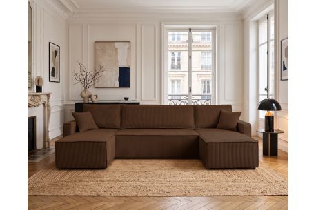 Canapé panoramique FARAH – Velours côtelé – Convertible avec coffre de rangement