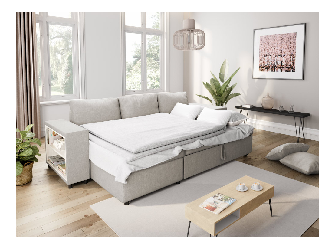 Canapé D'angle Convertible 3 Places En L Avec Ports USB - Velours, 2 Tabourets, Rangement, Convertible En Lit (beige)