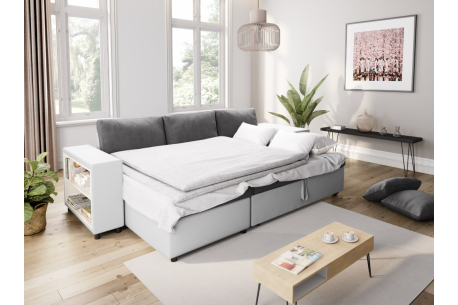 Canapé d'angle MADY convertible avec coffre, accoudoir étagère et poufs en simili et microfibre