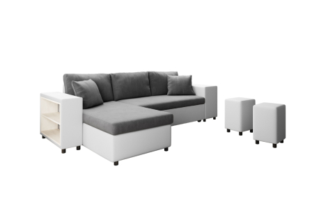 Canapé d'angle MADY convertible avec coffre, accoudoir étagère et poufs en simili et microfibre